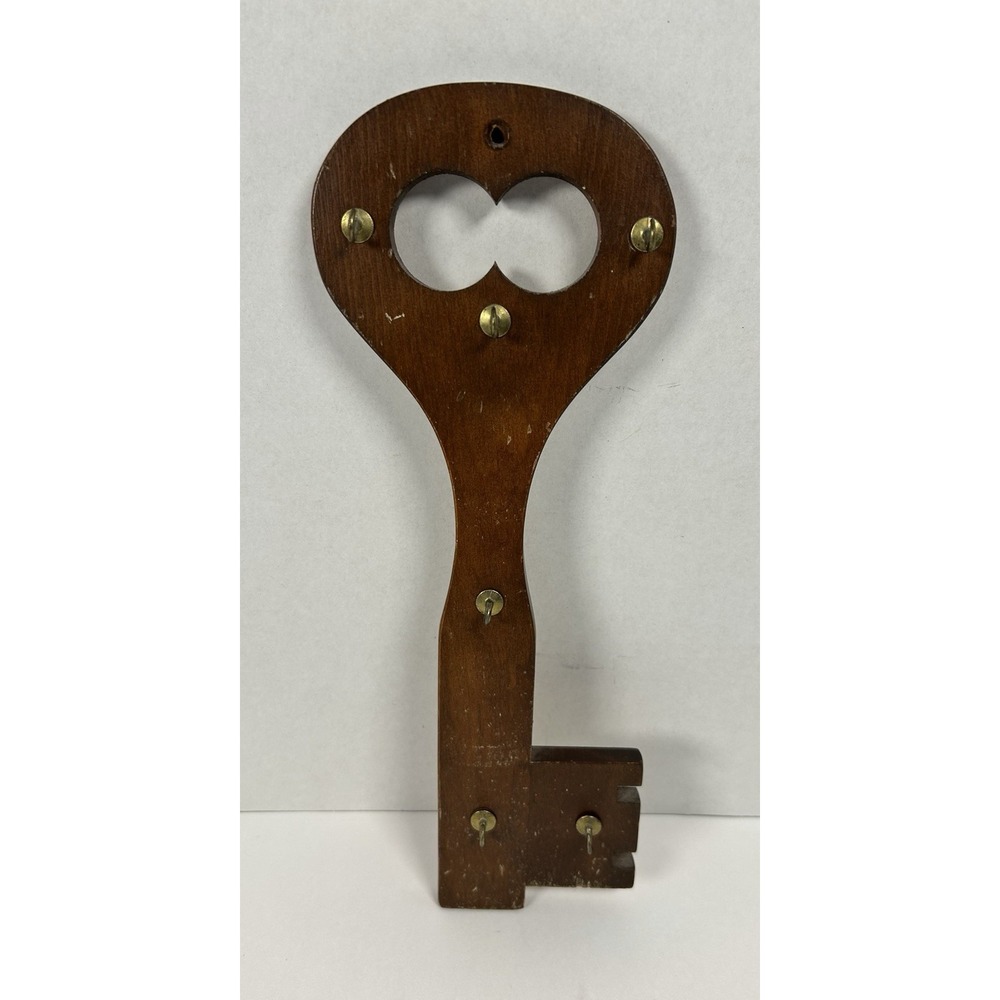 VTG Wooden Key Hook Skeleton Key Shape Brass Hooks MCM 13"
